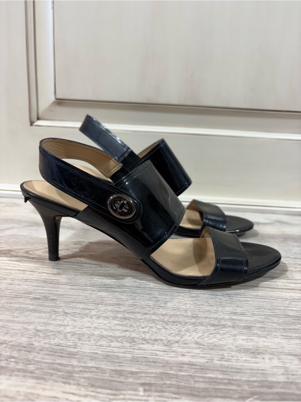 Coach Shoes Womens 8 Patent Leather Ankle Strap Open Tor Black Sandals Heel